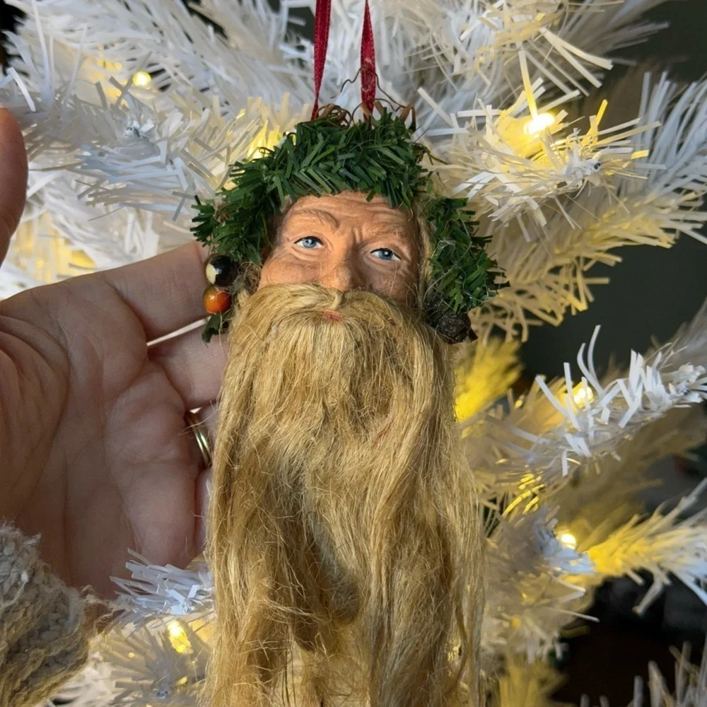 Vintage 1981 Rustic Santa Claus Ornament with Green and Brown Accents